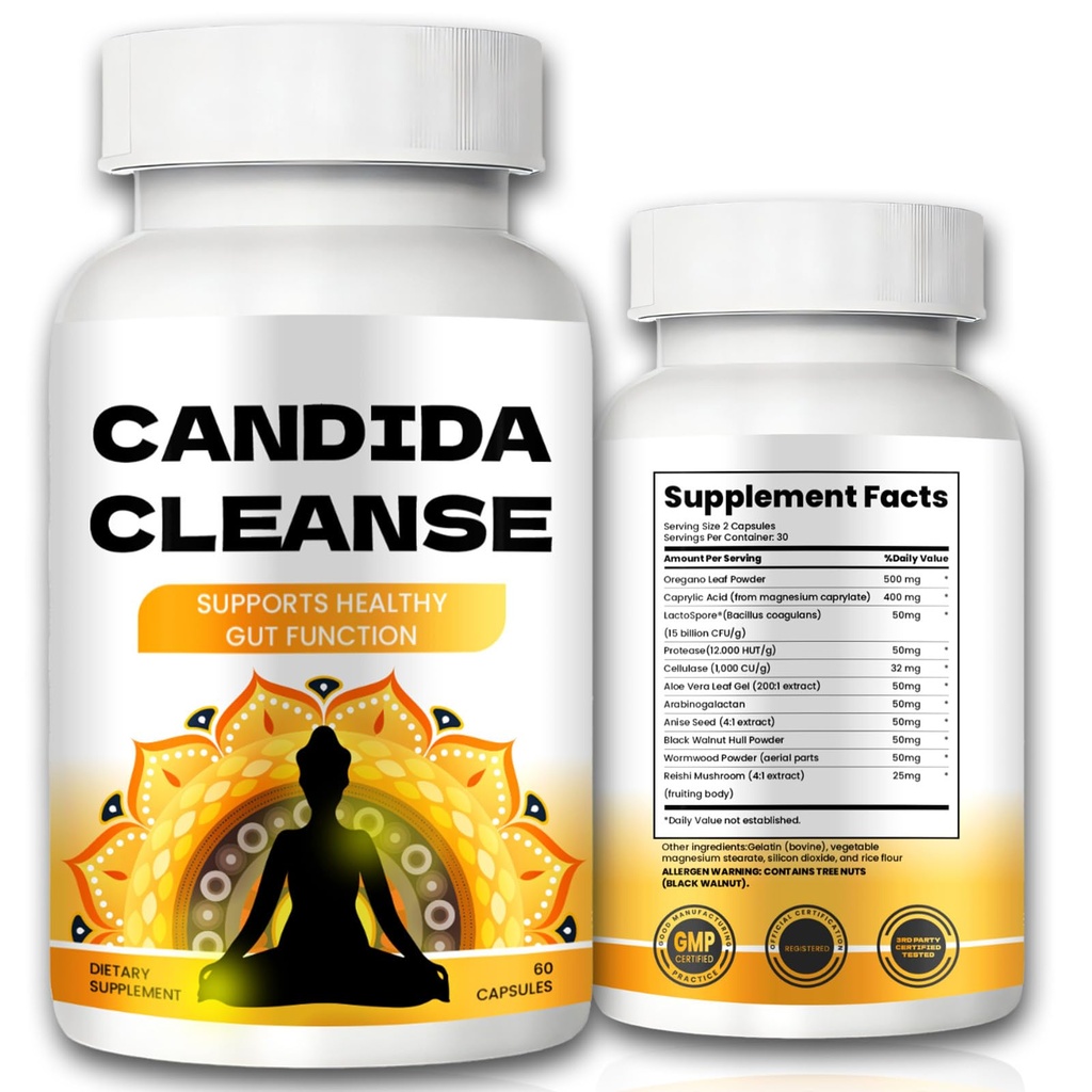 Candida Cleanse - Gut & Colon Support, Advanced Formule - Oregano Leaf, Wormwood, Black Walnut, Capyl Acid