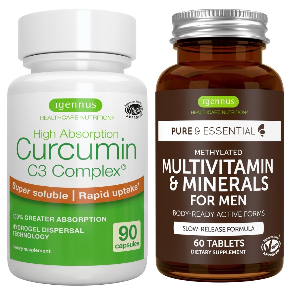 Multivitamin & Minerály pro muže + High Absorption Curcumin C3 Complex, Vegan Bundle, Setrvalá verze Advanced Multivitamin + 300% větší Absorpční Curcuminoidy s Rapid Uptake, by Igennus