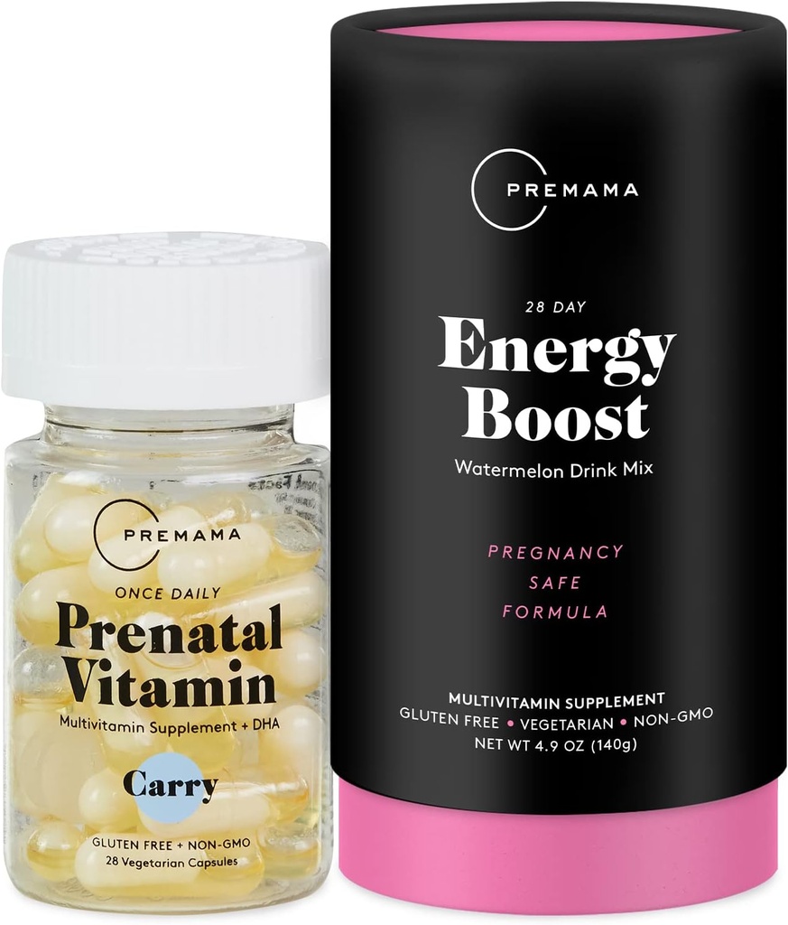 Premima Prenatal Vitamin Energy Boost Drink Mix & Prenatal Support Bundle, Omega 3, B Vitamíny, DHA, Folát, 28 Služení