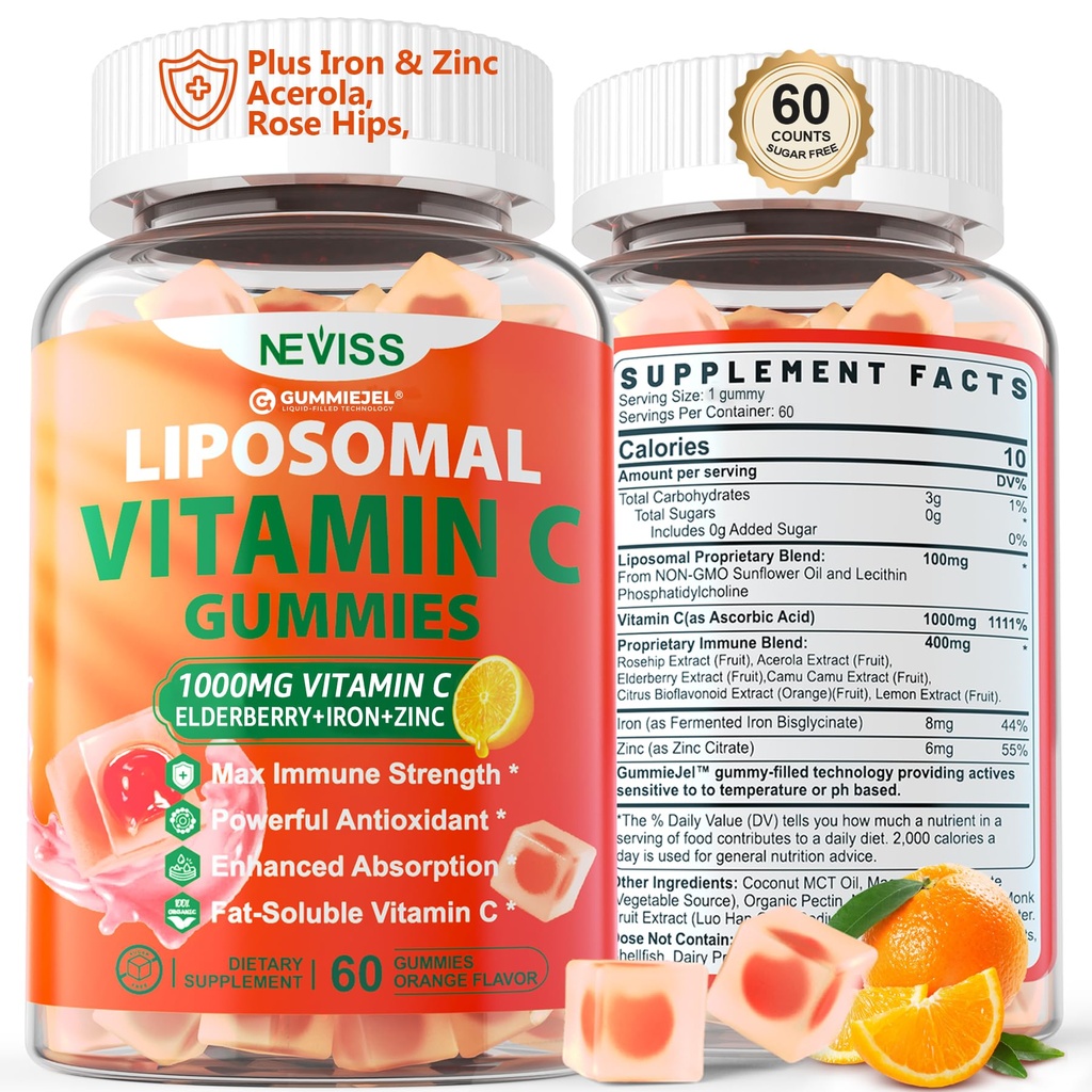 Liposomální vitamín C 1000mg Gummie pro dospělé - Vitamin C Žvýkací s Elderberry, Zinek & 8mg železo, Cukr zdarma Vit C doplňky, Denní imunitní podpora Gummie pro energii, Collagen Booster 60 Počítá