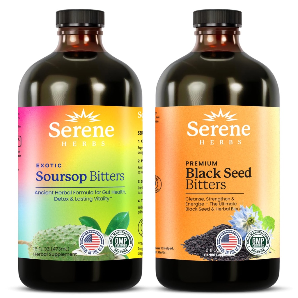 Serene Herbs Soursop Bitters Liquid & Black Seed Bundle - Organic Herbal Guanabana for Digestive Support & Imunitary Health - Vegan, Non- GMO - 32 oz (16 oz Each), 32 Serings