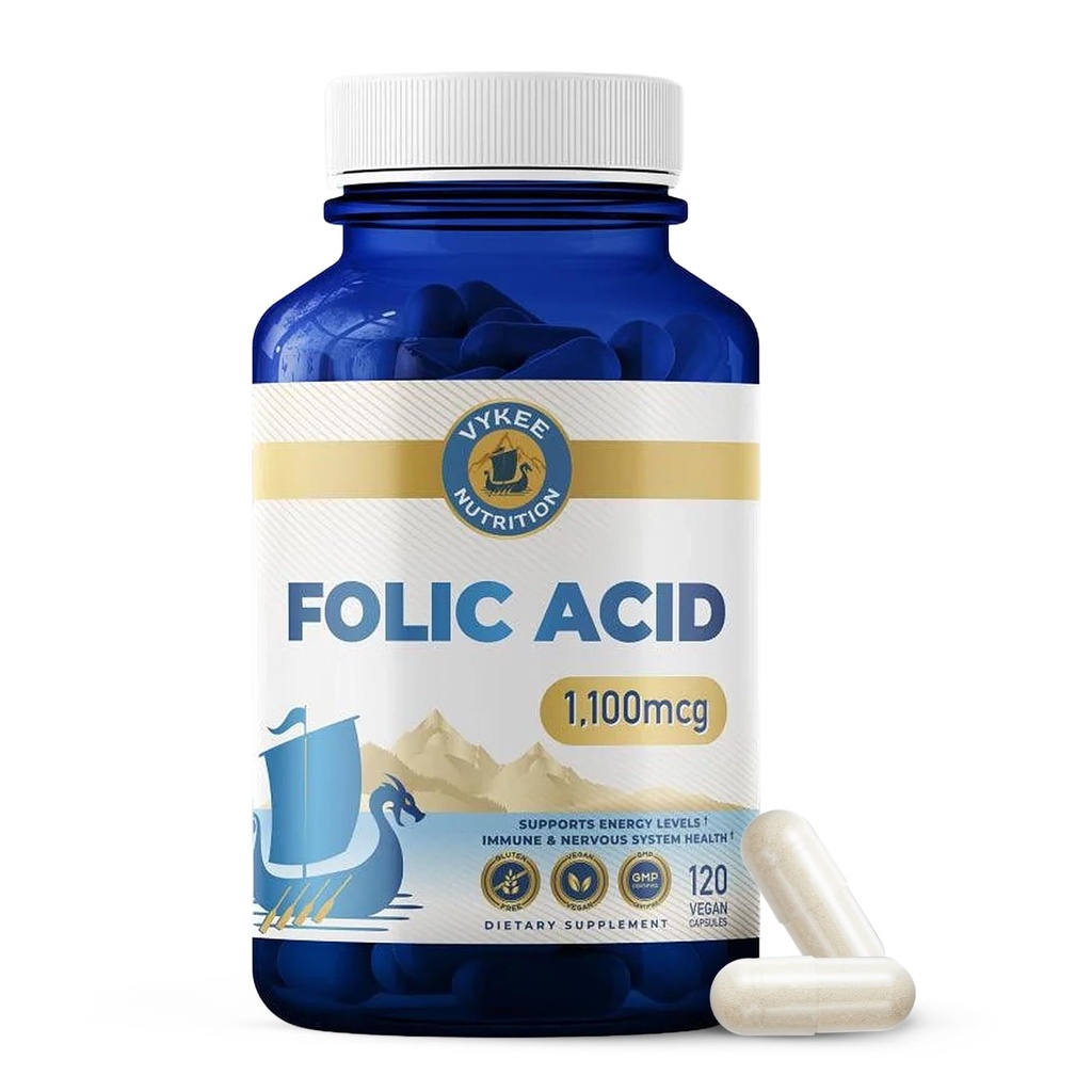 Doplněk k kyselině listové - Vysokopotentní vitamin B9 1,870mg DFE folát, 1,100mg kyselina listová 124; Vegan, Non- GMO 124; Podporuje buněčné zdraví, výroba energie a Prenatal Wellness 124; 120 Kapsle