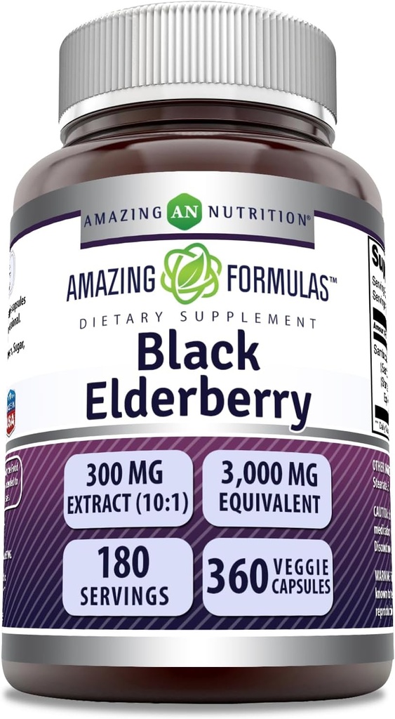 Amazing Applicas Sambucus Black Elderberry CLAS124; 300 Mg Extract 10: 1 (3000 Mg Ekvivalentní) CLAS124; Veggie Capsules CLAS124; Non- GMO CLAS124; Gluten- Free CLAS124; Made in USA (1 balení, 360 Počet)