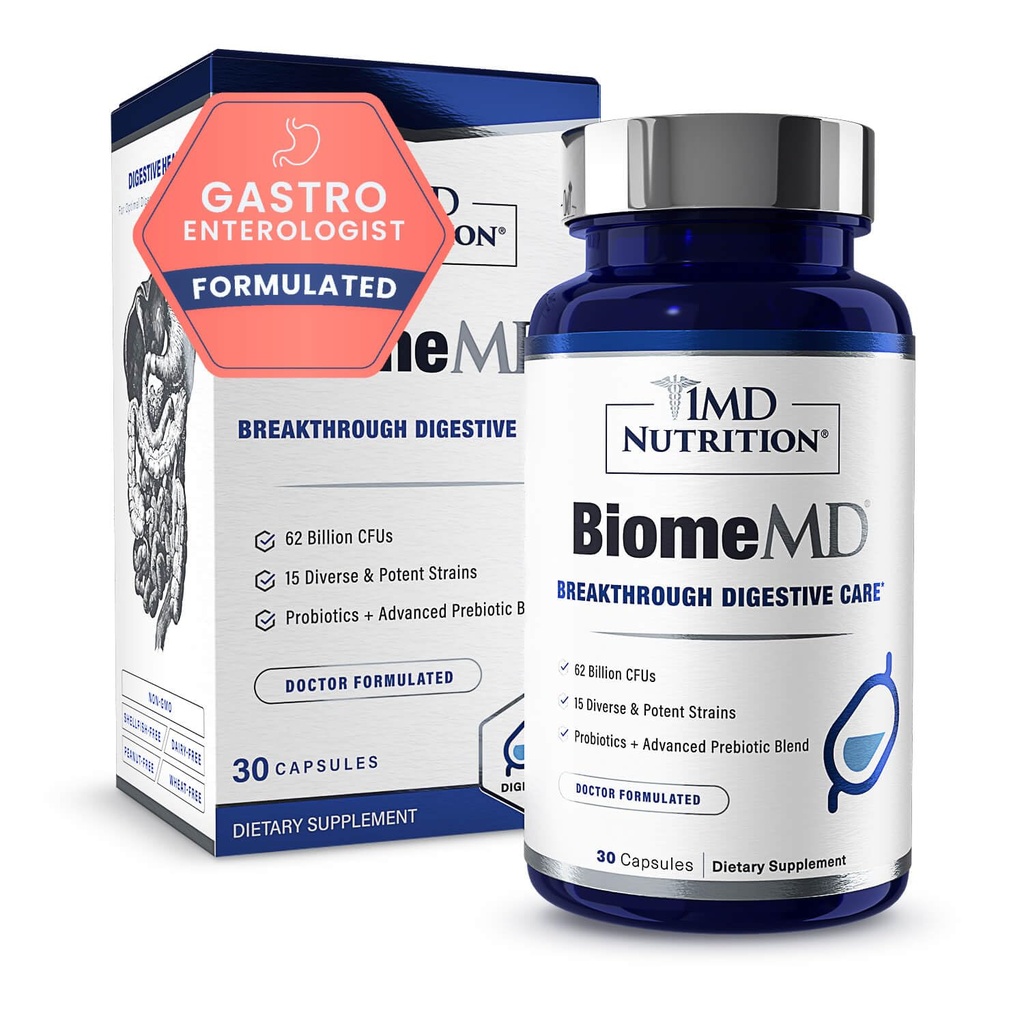 1MD Nutrition BiomeMD Probiotika CFU 124; 62 Miliardy CFU, 15 Komplexní struny - Pro & Prebiotika CF124; Doctor- Vydávaný pro stravitelné zdraví a imunitní podporu CF124; 30 Kapsle