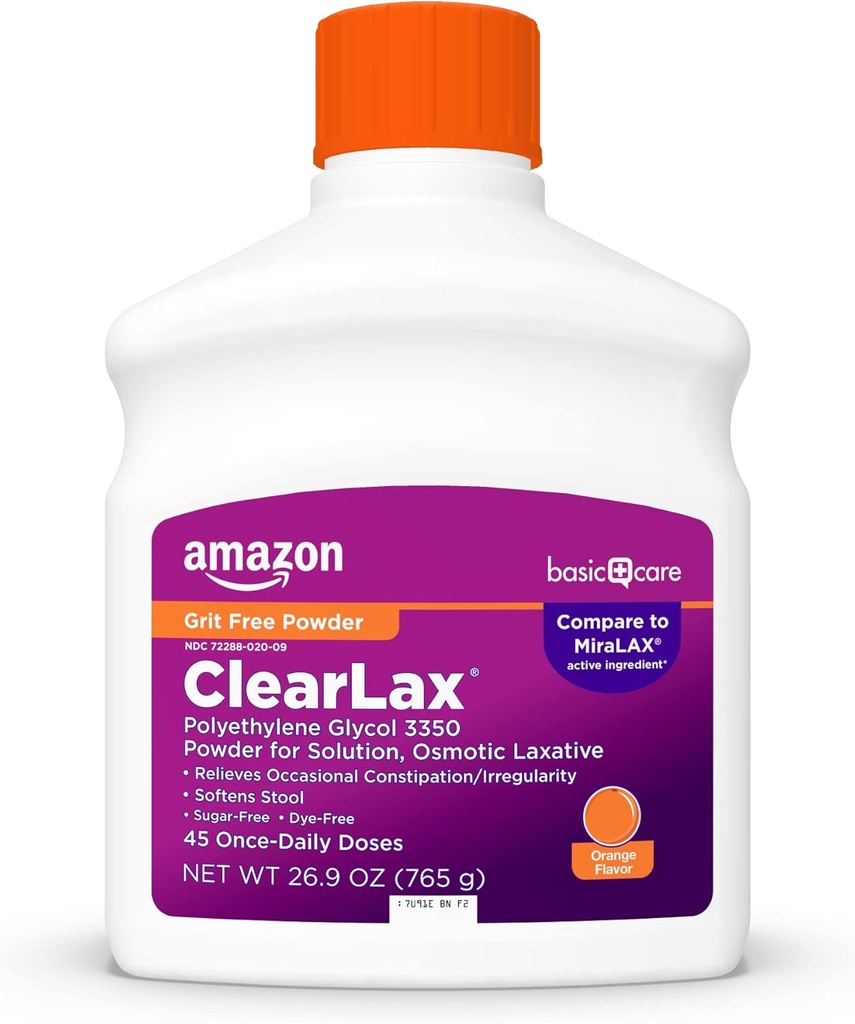 Základní péče ClearLax, Laxativní prášek pro jemnou úlevu od zácpy, měkká stolice, polyethylenglykol 3350, Orange Flavor, 1,68 libra (balení po 1)