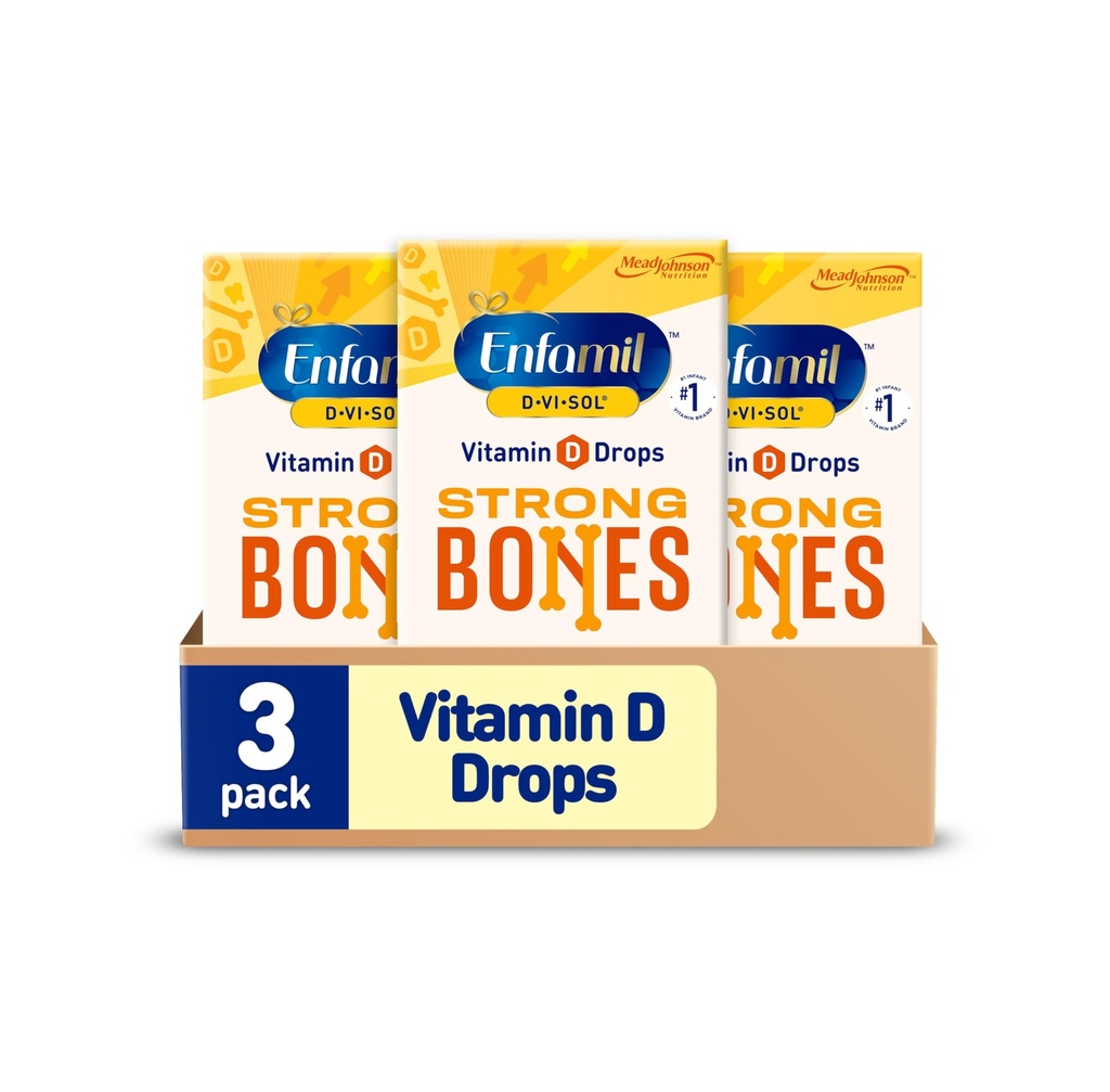 Enfamil Baby Vitamin D- Vi- Sol Vitamin D Tekutý dodatek Kapky pro kojence, Podpora silné zuby & kosti v novorozených dětí, Easy- to- Use, Gluten- Free, 50 ml Kapátko láhev, Balení 3