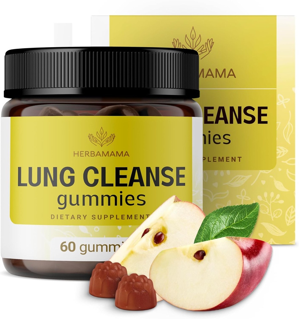 HERBAMAMA Lung Detox Gummies - Bylinný komplex s houbovým mísením pro vyčištění plic - Vegan, Non-GMO Respirate Supplement - 60 Pectin- based Apple- Ochucené Chews