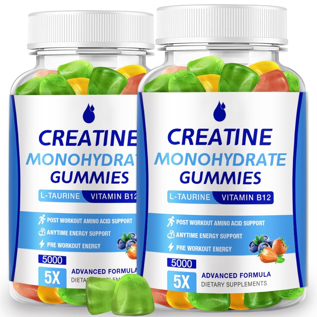 Kreatin Monohydrát Gummie 5000mg Kreatin pro ženy a muže 2 Balení, Creatine Monohydrát Chew pro zvýšení koncentrace, Svalová síla, 5g Creatine Monohydrát na servírování, Cukr zdarma, Vegan
