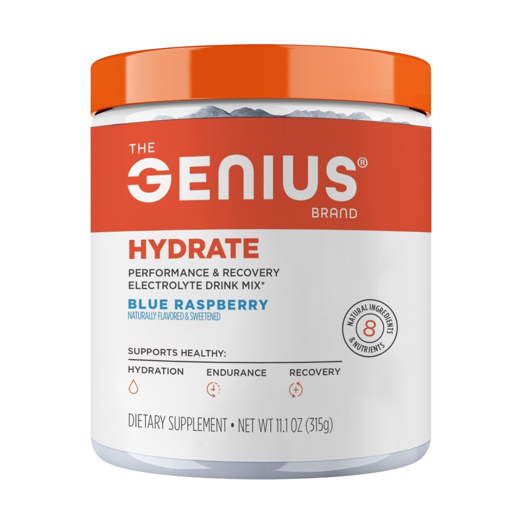 Geniální Brand Genius Hydrate - Electrolyte Supplement for Daily Hydration - Coconut Water - Sugar- Free - 8 Esenciální minerály a živiny - Non- GMO - Blue Raspberry - 50 Služeb