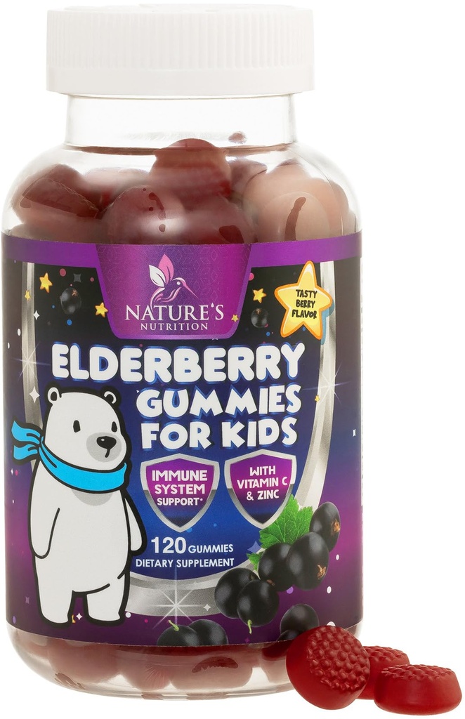 Kids Imunitate Support Elderberry Gummies - Daily Children 's Vitamíny C, Zinek & Kids Imunity Support Gummy - Příroda Sambucus Elderberry Dodatek, Vegan, Gluten- Free, Tasty Berry Flavor - 120 Gumy