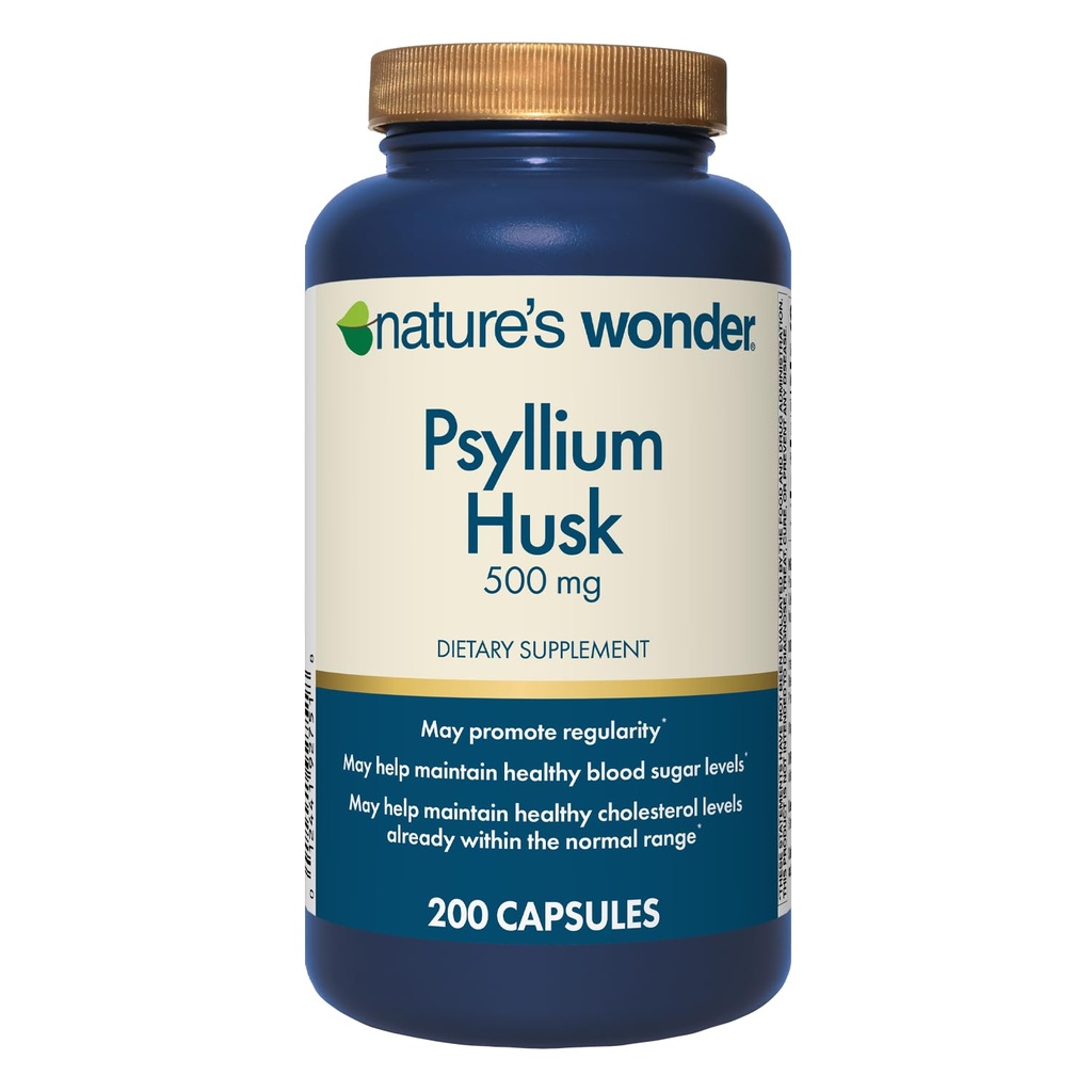 Příroda 's Wonder Psylium Husk 500 mg Kapsle pro stravitelné zdraví, Plant- based Fiber, 200 Počet
