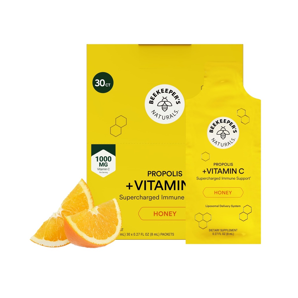 Propolis Liposomální vitamin C od Beekeepers Naturals, 1000mg vitaminu C, Propolis & Organic Honey, supernabitá imunitní podpora a zvýšená biologická dostupnost pro Max Absorpce, 30 Ct