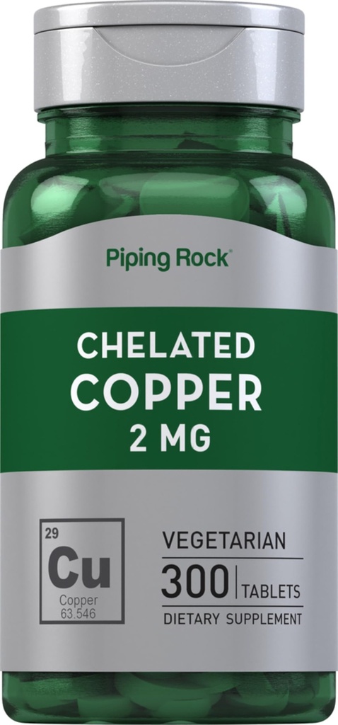 Piping Rock Chelated Copper 2 mg dodatek 124; 300 Tablet CLAS124; Vegetarian, Non-GMO, gluten zdarma