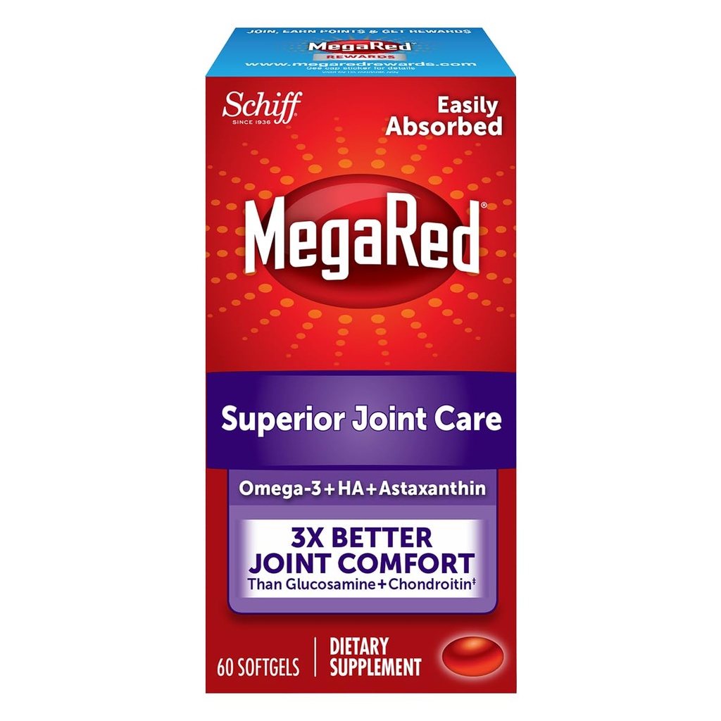 Omega-3 Krill Oil and Joint Supplement - Megared Joint Care 60 softgels - EPA / DHA mastné kyseliny, antioxidanty, kyselina hyaluronová, žádná rybí burpová dochuť jako u rybího oleje