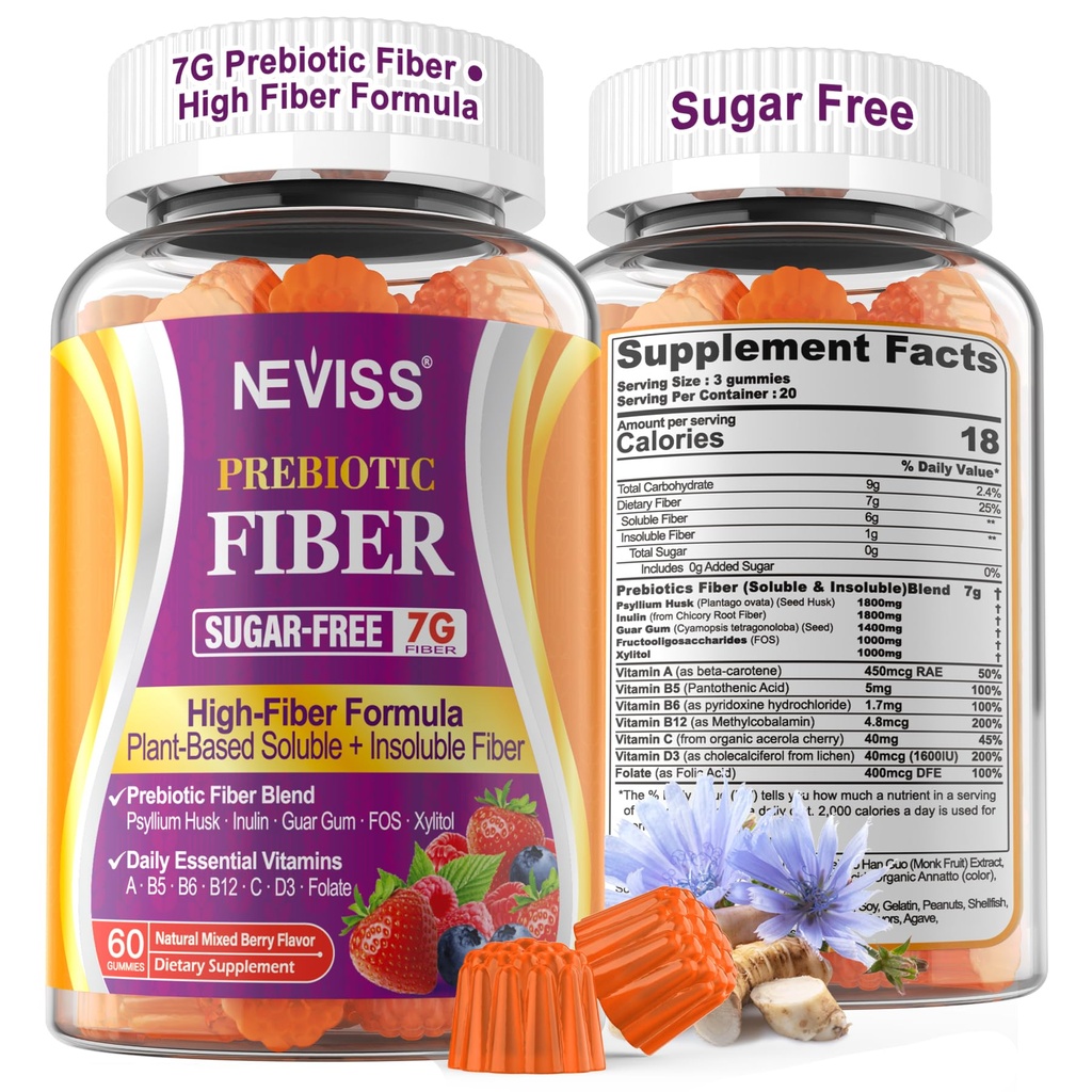 1Pack Fiber Gummies pro dospělé s Psyllium Husk, 7G (rozpustný + nerozpustný) Daily Prebiotic Fiber s inulinem, FOS, Guar Gum, Multivitamíny pro denní stravitelné zdraví, Regularity Gut Support, Cukr zdarma