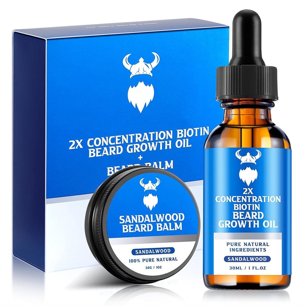 Vousáč Růstový olej & Vousáč Balzám - Vousáč Růstový Kit s 2X Koncentrace Biotin pro muže, Přírodní přísady s Arganovým olejem, Jojobový olej a vitamín (Sandalwood)