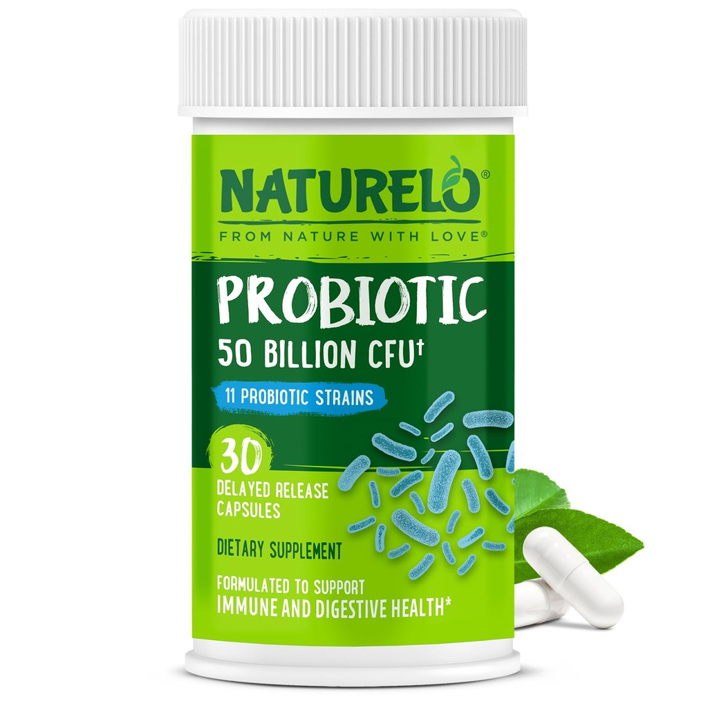 NATURELO Probiotika pro stravitelné zdraví - 50 miliard CFU, 11 Strains Denní dodatek - Zvyšuje imunitní systém, opožděné vydání, 30 Vegetariánské kapsle