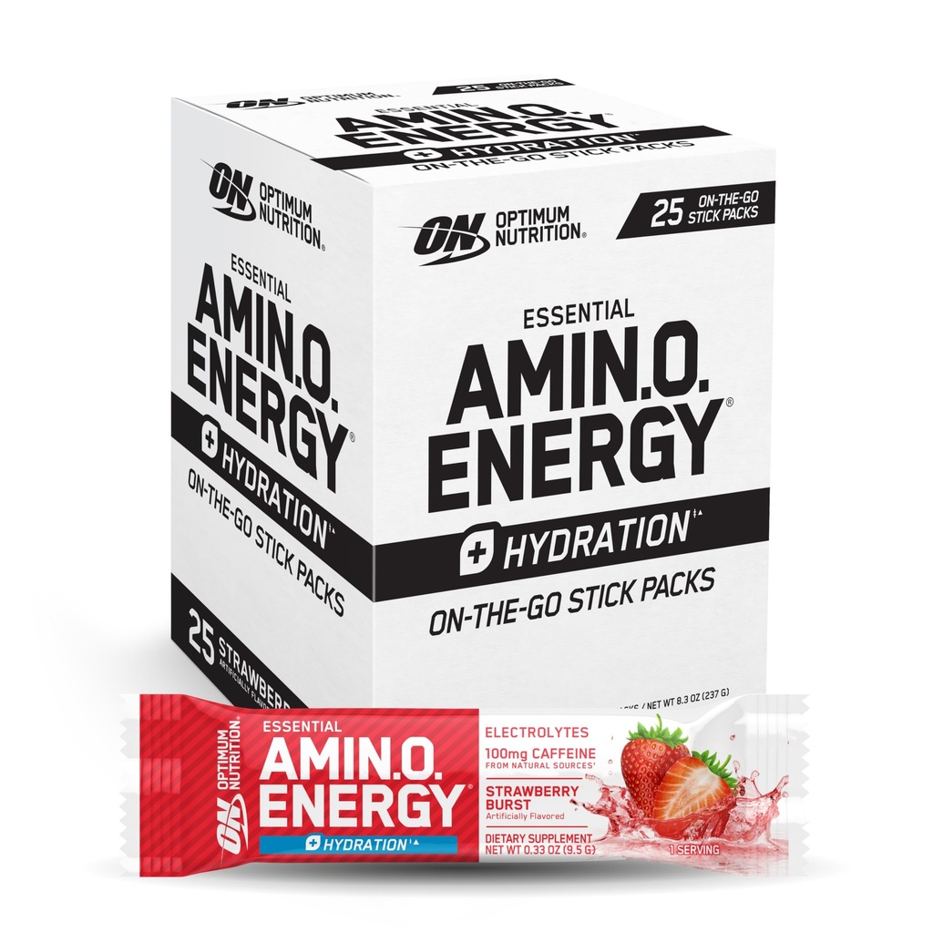 Optimum Nutrition Amino Energy Plus Hydration Packets, On-The- Energy Powder Stick Packs, Strawberry Burst, 25 Count