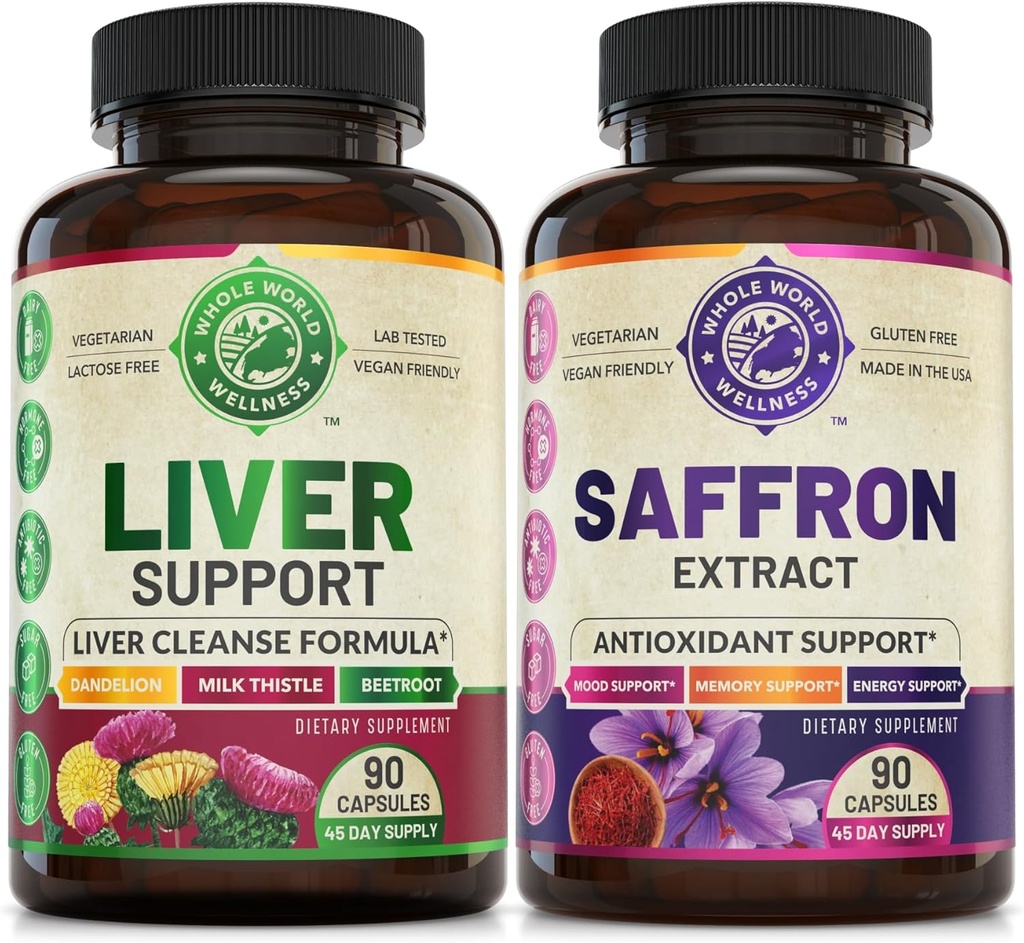 Jaterní čištění Detox Opravy Formule a čistý Saffron Extract Bundle (Jedna láhev každý). Podporuje zdraví jater, energetické zvýšení, nálada, metabolické funkce. USA Made.
