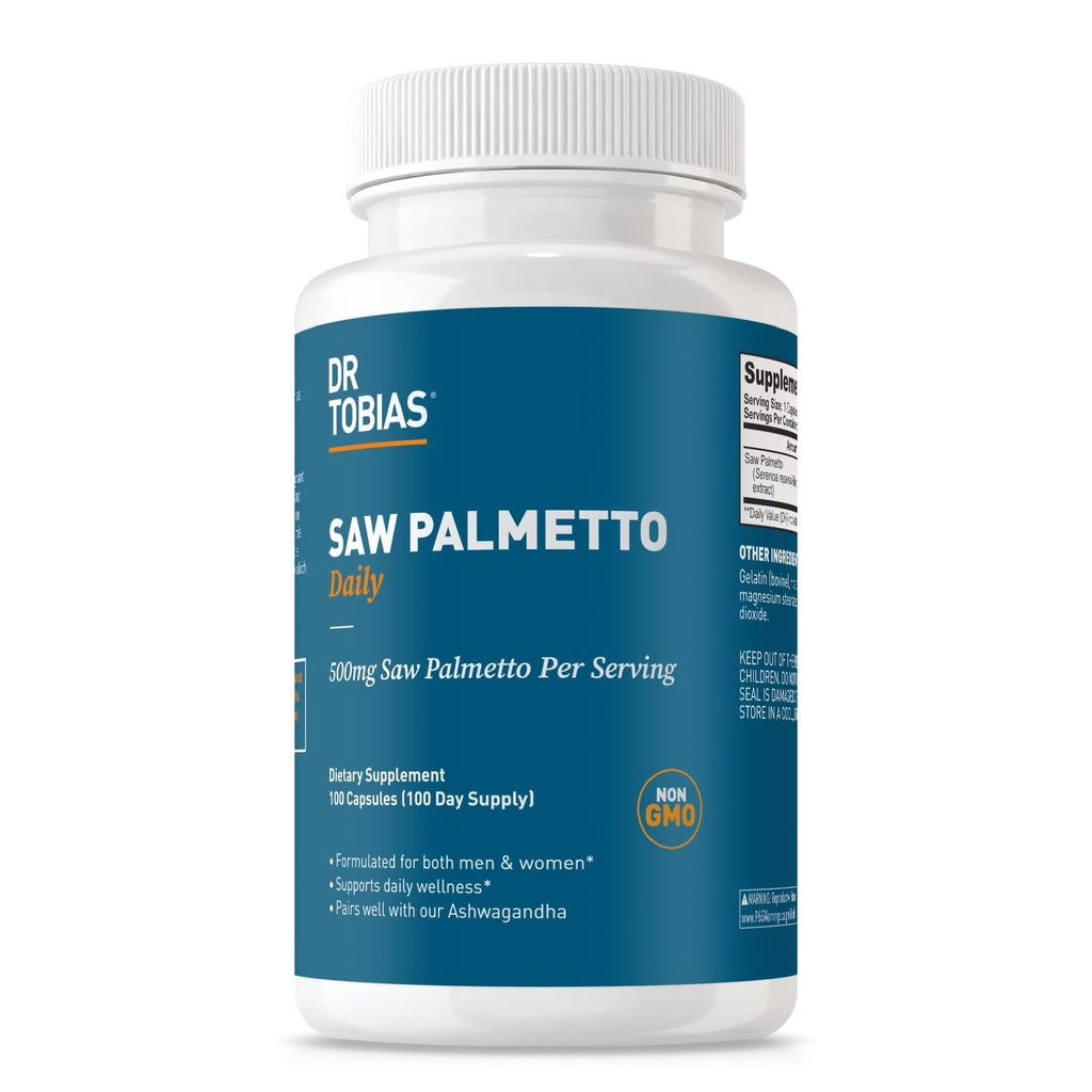 Dr. Tobias Saw Palmetto dodatek, Podporuje močení Zdraví, Hormonální rovnováha, Prostatní zdraví, & Vlasové vitality, Saw Palmetto pro muže a ženy, 500mg per Serving - 100 Kapsle, 100 Služeb