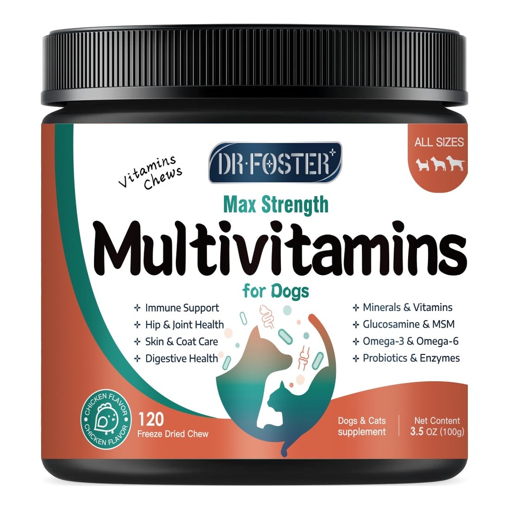 Pes Multivitamin s Glucosamine, Omega 3, Minerály, Probiotika a enzymy, Dog Vitamíny a doplňky pro společné, kůže a péče o kabát, stravovací a imunitní zdraví, Kuřecí Flavor - 120 Žvýkačky