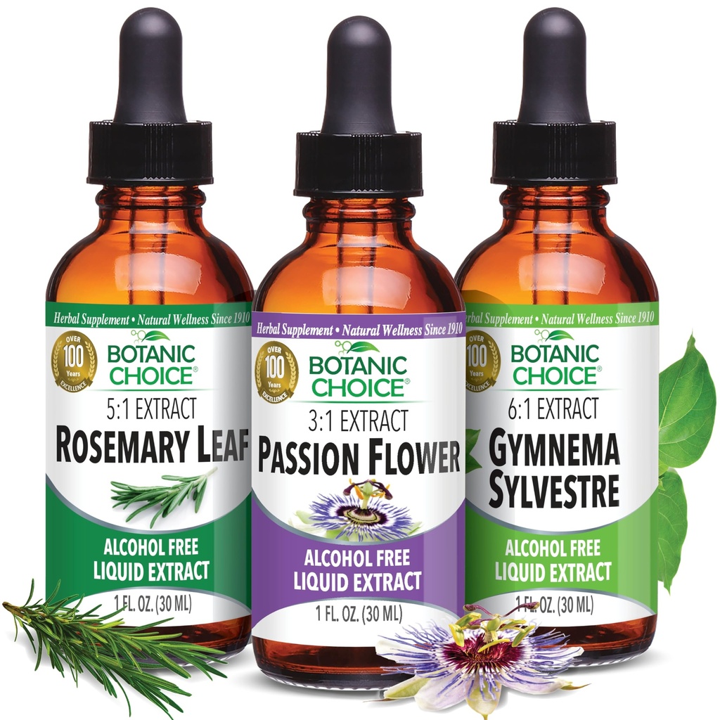 Botanická choice Passion Flower, Rosemary Leaf, & Gymnema Sylvestre Extrakts Bundle - Daily Celodenní Wellness Kit pro celkové pohody (1 fl. Oz. Each)