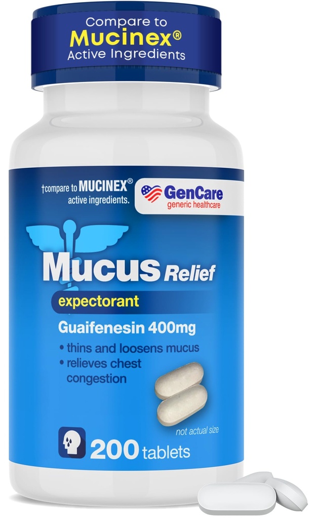 GenCare Mucus Relief Expectorant Guaifenesin 400 mg 200 Tablet Value Pack - Rychle působící Thinning Mucus for Colds, Chest Congestion, Flu, Kašel a alergie