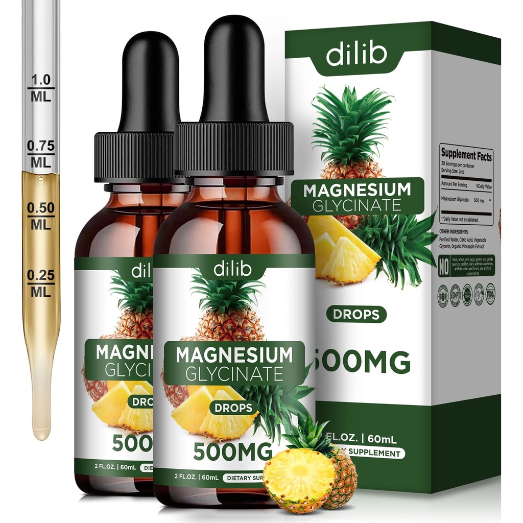 (2 Pack) Magnesium Glycinát dodatek, kapalná hořčík Glycinát kapalné kapky 500mg- podpora Stres Relief, Relaxation, Mood, Sleep, Bone & Muscle-4 Fl Oz, Vegan, Ananas Flavor