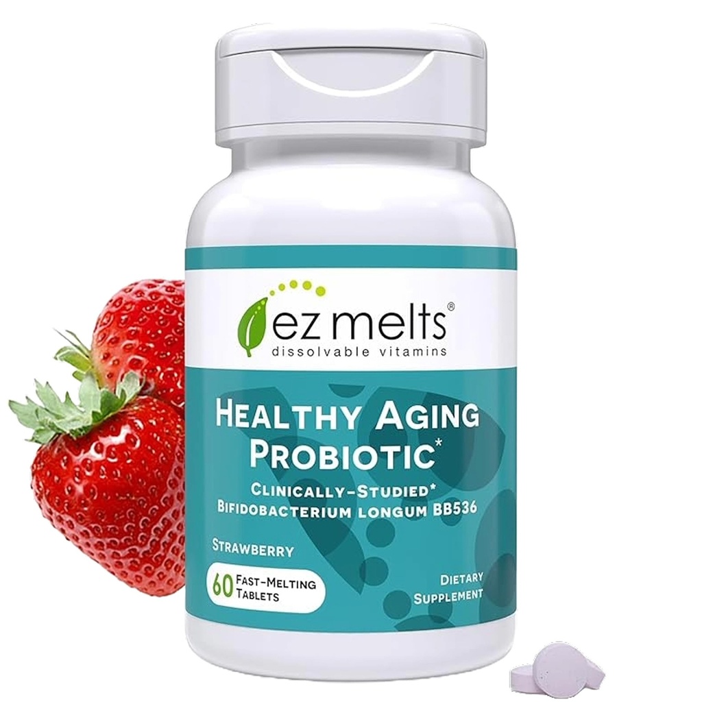 EZ Melts Disolventable Health Aging Probiotic, Bifidobacterium Longum BB536 (2 miliardy CFU), Sugar- Free, Probiotika pro ženy a muže 50 +, 2- Month Supply - 1 balení