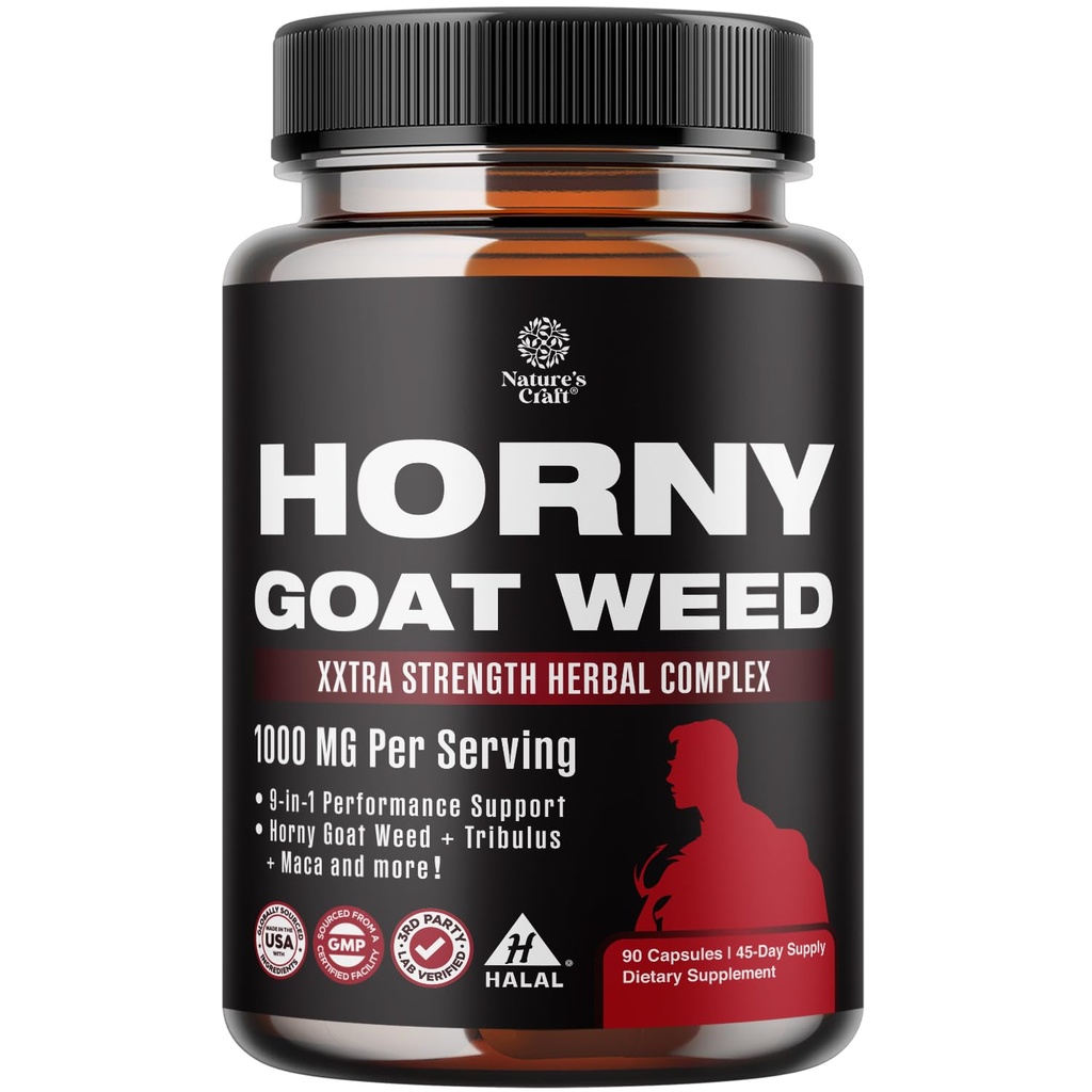 Natures Craft Horny Kozí Tráva pro muže - Extra silný mužský dodatek s Black Maca Root, Tongkat Ali, Saw Palmetto & Panax Ginseng Extract for Stamina & Energy - 90 Kapsle