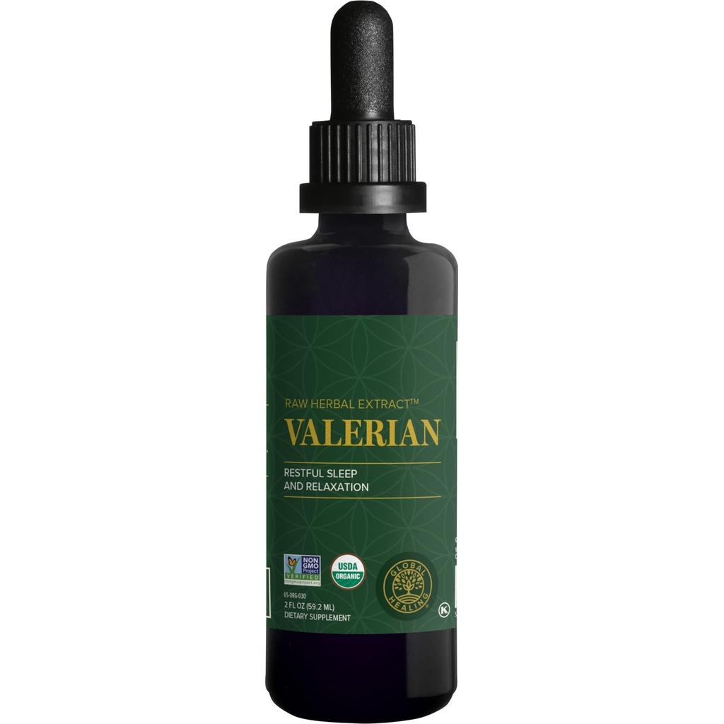 Global Healing Organic Valerian Root Extract Liquid Supplement - Raw Bylinný extrakt pro zdravou relaxaci, spánek a klid - Alternativa k Valerian Root Kapsle pro Biologickou dostupnost - 2 Fl Oz
