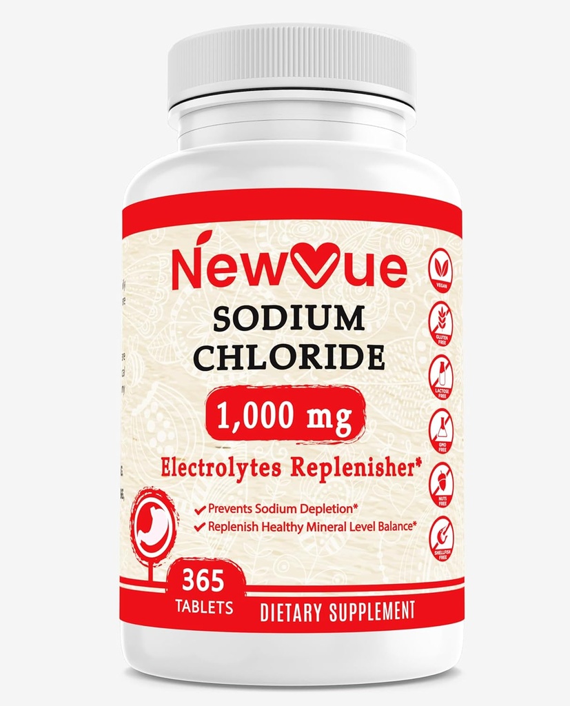 Chlorid sodný 1000mg, 365 tablet - Salt Tablets, Non- GMO, gluten Free - Nápoj s Electrolyty Replaced Hydration