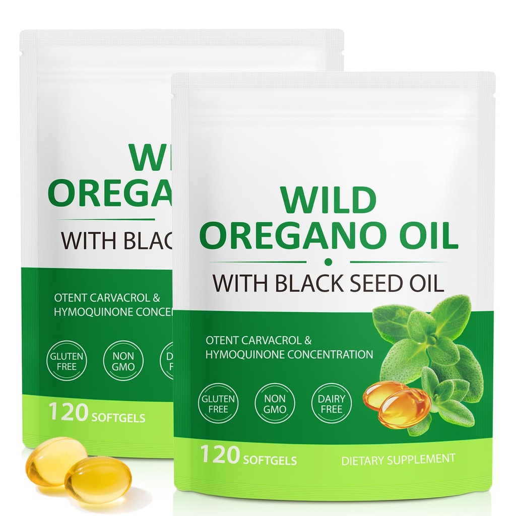 Olej Oregano Softgels, 2 v 1 Olej Oregano s černým semenným olejem 240 Počet, Oregano olejový dodatek Kapsle, Organic Oregano Oil Extract, Non- GMO, Gluten Free - 2 Bag