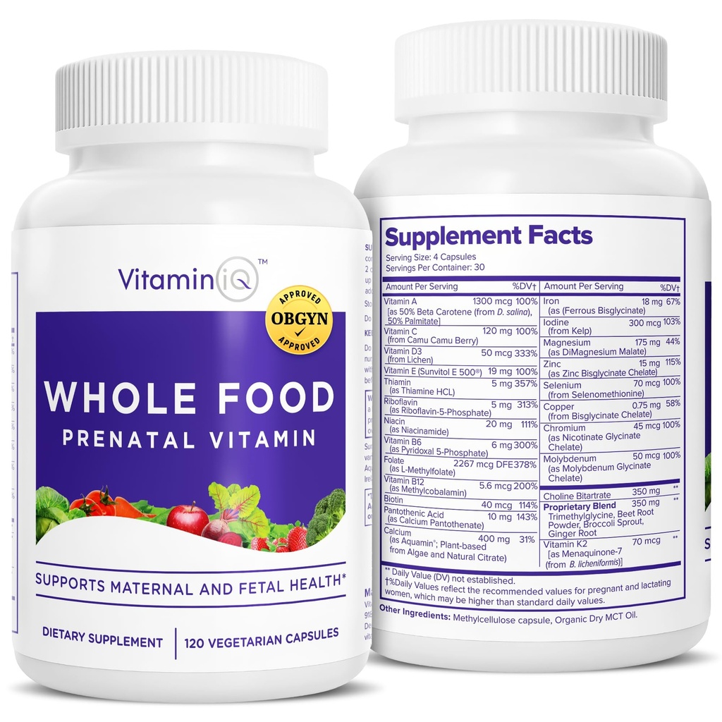 Plné potraviny Prenatal Vitamíny (120 Kapsle) Přírodní podpora pro zdraví matek a plodu, Prenatal Multivitamin pro ženy s Choline, B Vitamíny a další, Vegan, No Soy, Gluten nebo Dairy