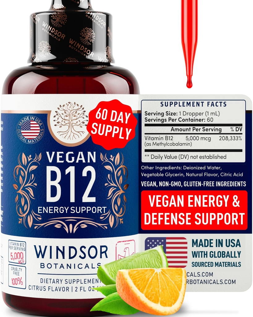 Vegan Vitamin B12 Liquid - Max Strength Methylkobalamin B12 Sublingvální 5000 mcg - Rychlý doplněk pro absorpci mood, paměti a energie - Non- GMO, gluten- Free, Citrus Flavor B 12 Drops, 2oz