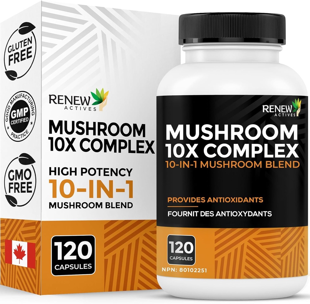 RENOVÉ ČINNOSTI Houbový komplex 2 Kapsle per Serving - 10 Houbová směs s antioxidanty pro imunitní zdraví & Wellness - Podporuje celkovou vitalitu & Dlouhotrvající Wellness -Made in Canada - 120 Kapsle