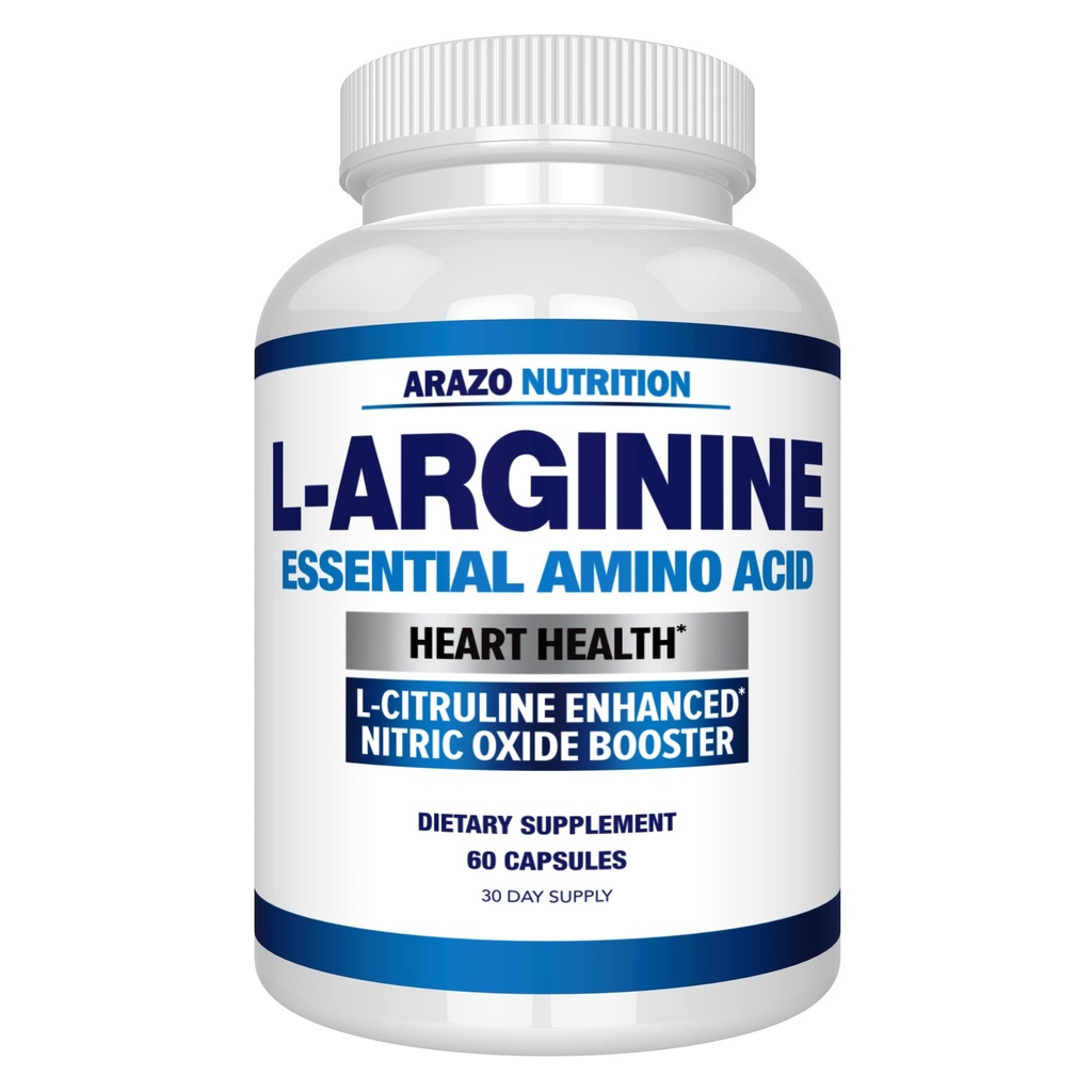 Arazo Nutrition Premium L Arginin - 1340mg Nitric Oxide Booster s L- Citrulline & Essential aminokyseliny pro svalový zisk a energii - Výkonný NO Booster pro vlak delší a tvrdší - 60 Kapsle
