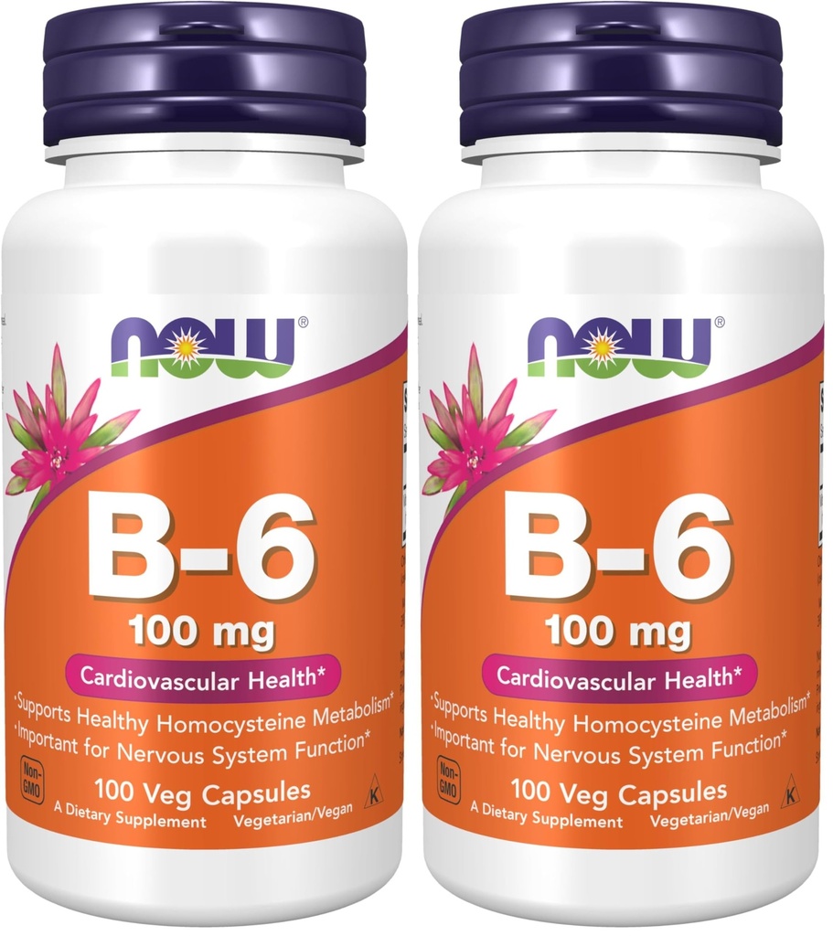 Nyní doplňky, Vitamin B- 6 (Pyridoxin HCl) 100 mg, Kardiovaskulární zdraví *, 100 Veg Kapsle (Balení po 2)
