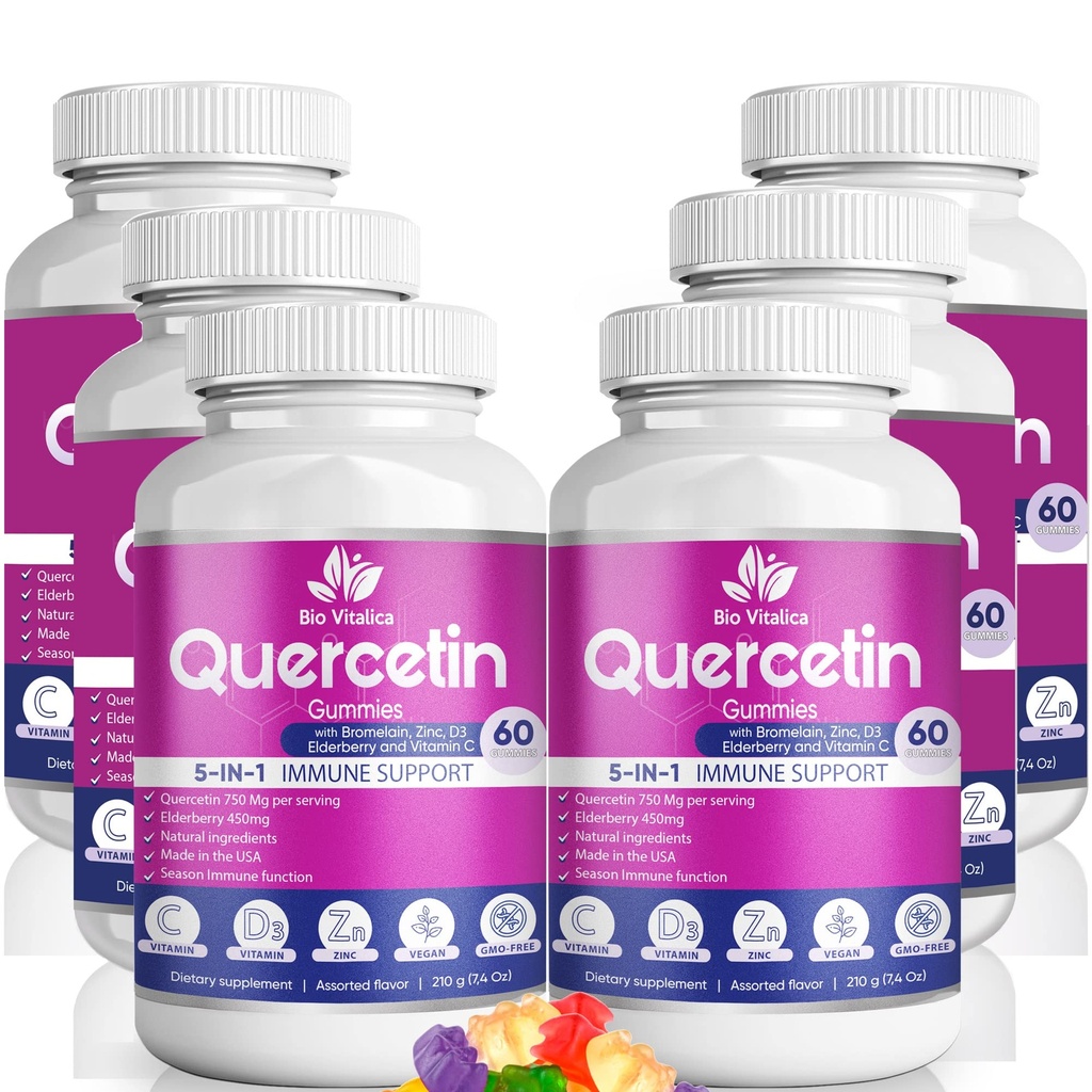 Quercetin Gummies by BioVitalica - Quercetin s bromelainovým vitaminem C a zinkem & Elderberry + Vitamin D3-5 in 1 Imunitation Support - Zinek Quercetin 750 mg pro děti a dospělé (6, Quercetin)