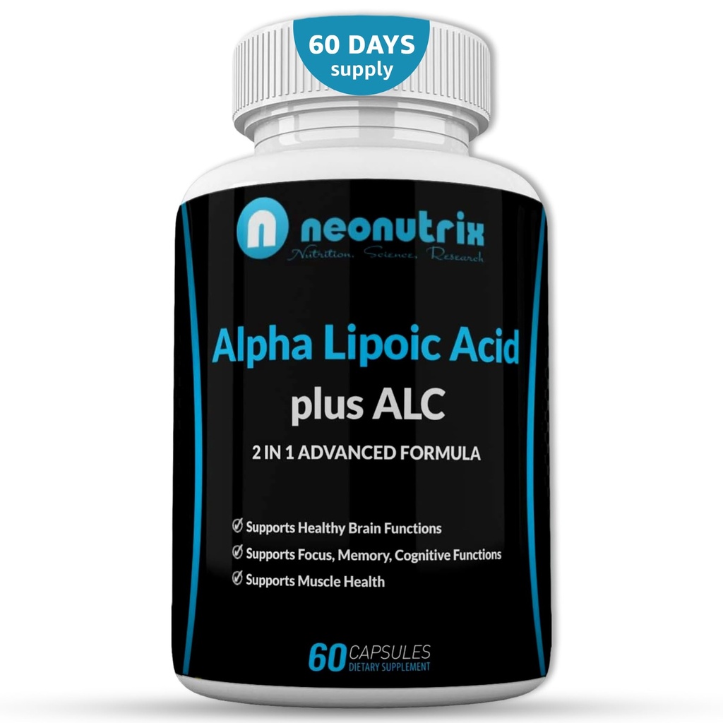 Alpha Lipoic Acid Plus Acetyl L- karnitin Antioxidant dodatek ALA ALC pro zdravou mozkovou a svalovou sílu, zaměření, paměť a kognitivní funkce pro ženy a muže - 60 Kapsle od Neonutrix