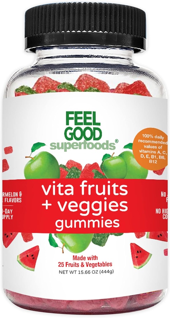 FeelGood Superfoods Vita Ovoce a Veggie Doplňky, Multivitamin Ovoce a Zeleninové žvejky, 25 Ovoce a Zelenina, Meloun a Apple Flavors, Vegan, Non- GMO, 60 Počet