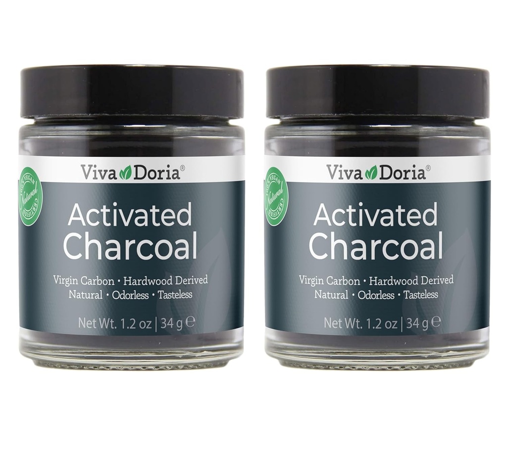 Viva Doria Activated Charcoal Powder, Hardwood Derived, Food Grade, 1.2 Oz Glass Jar (2 balení)