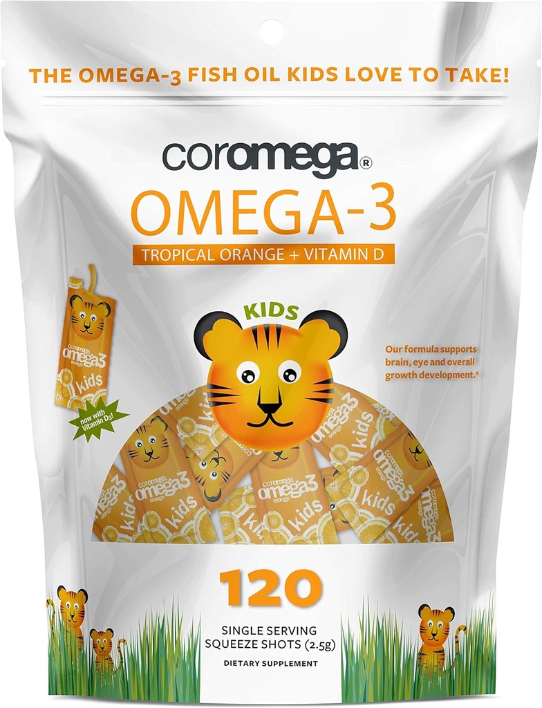 Coromega Kids Omega 3 Rybí olej dodatek, 650mg Omega-3s, Tropická Orange + Vitamin D, 120 Jednorázové Serve Squeeze Packets