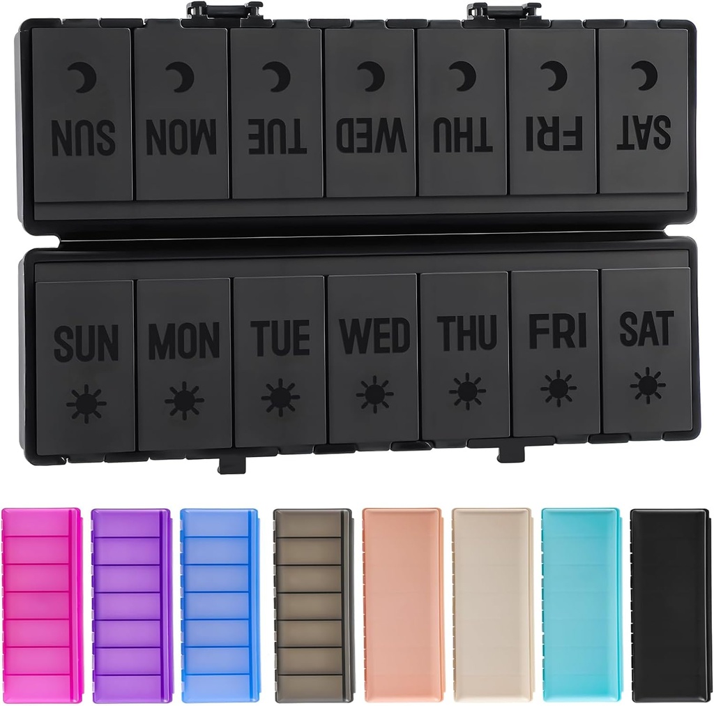 Skládací Pořadatel pilulek 2 krát denně w / leptané etikety - Dual Protection & Přenosný týdenní AM PM Pill Box, 7 Day Medicine Container, Velká cestovní Pill Pouzdro pro týden Denní dodatek Vitamin - All Black