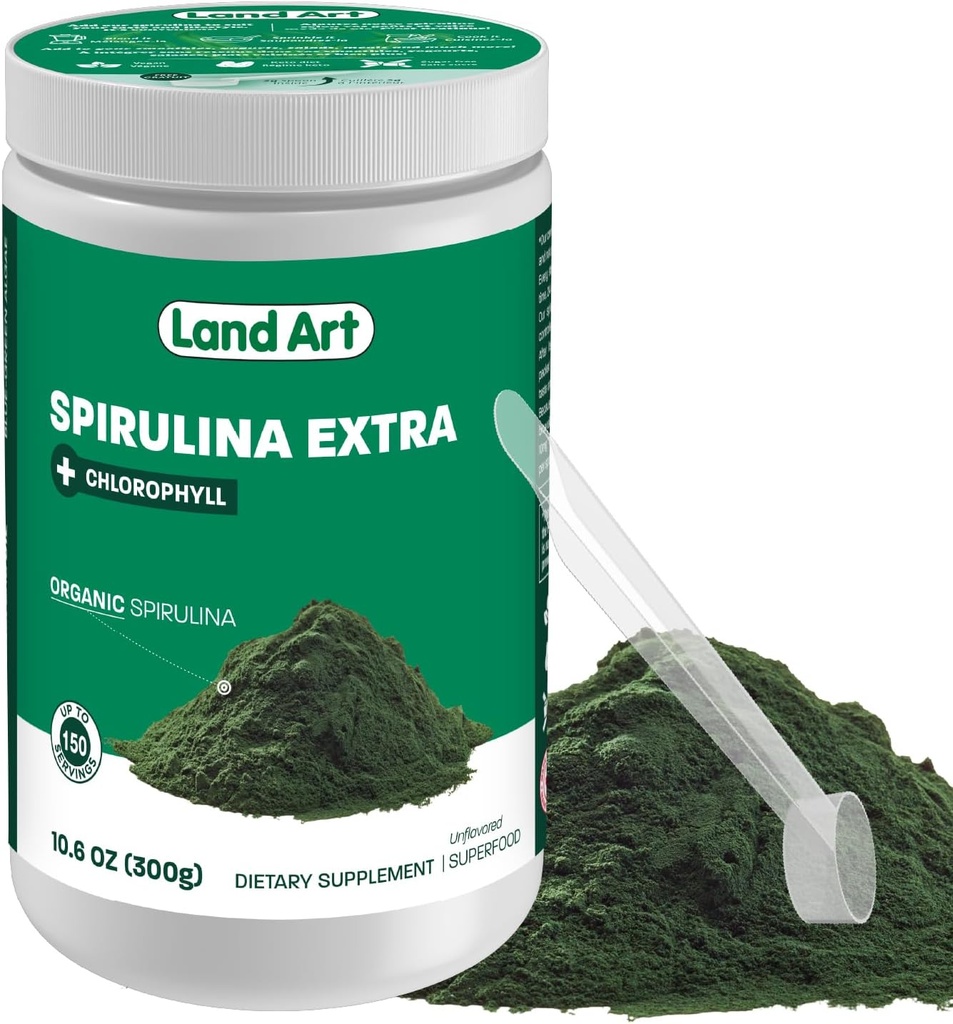Půdní umění Certified Organic Fresh Spirulina Extra Powder 300g - Vylepšený s biodostupným chlorofylem Přidáno - Neochucený - Čistý zdroj - Třetí strana Testováno - Měření Spoon Inside