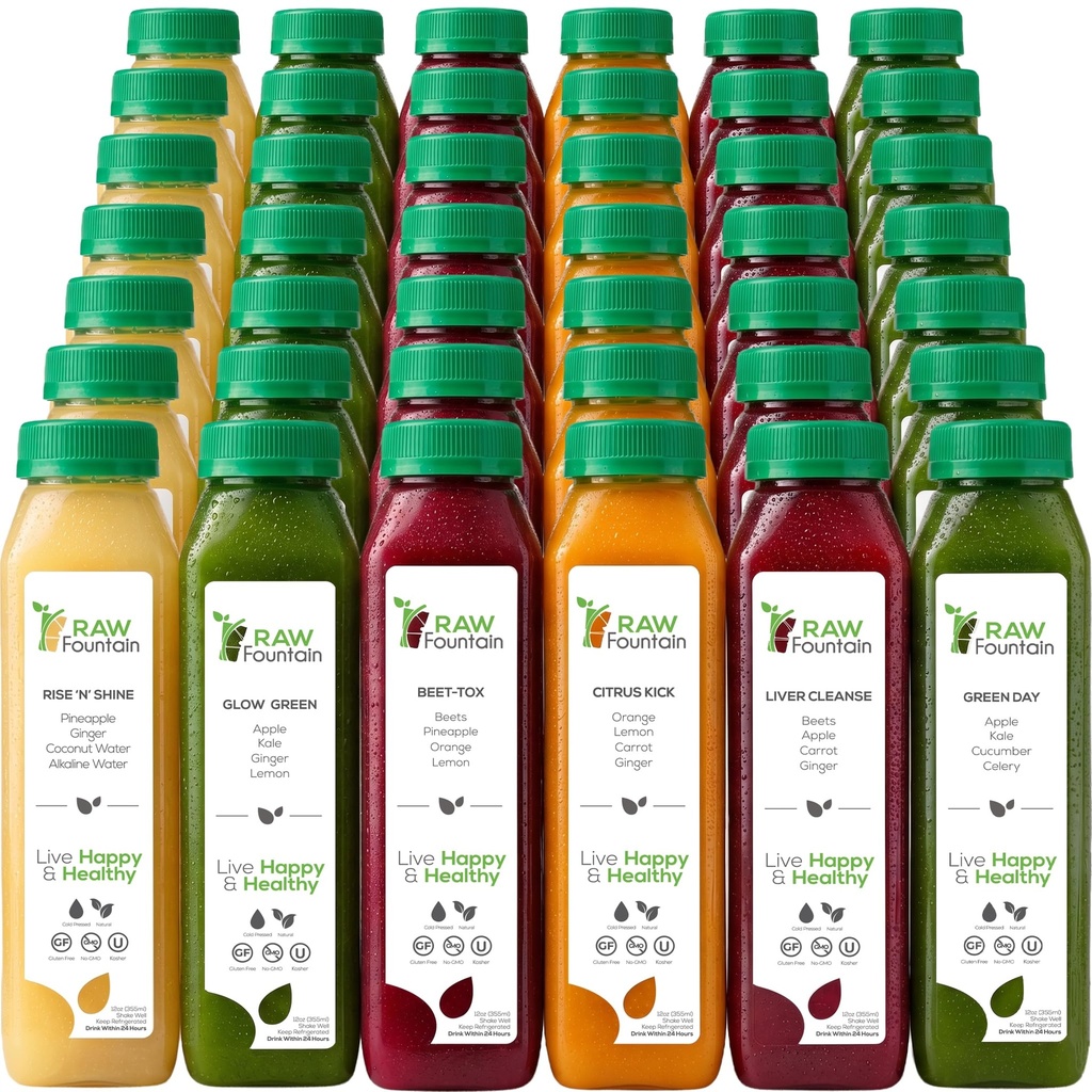 7 Day Juice Cleanse by Raw Fountain, Všechny přírodní Raw Detox Cleanse, Juighting for Body Rest, Cold Pressed Juice Fast, Great Way to Jumpstart a Health Diet, 42 Lahvička 12oz, 7 Ginger Shots