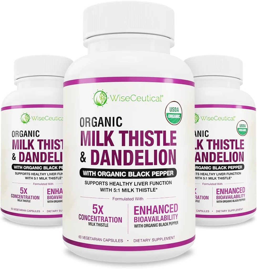 Max Absorpce USDA Organic Milk Thistle Potent 5: 1 Koncentrovaný extrakt (2000mg síla) & Organic Dandelion Root Current124; Silymarin Antioxidant Flavonoid Current124; Dodatek k podpoře jater (60 Počet balení po 3)