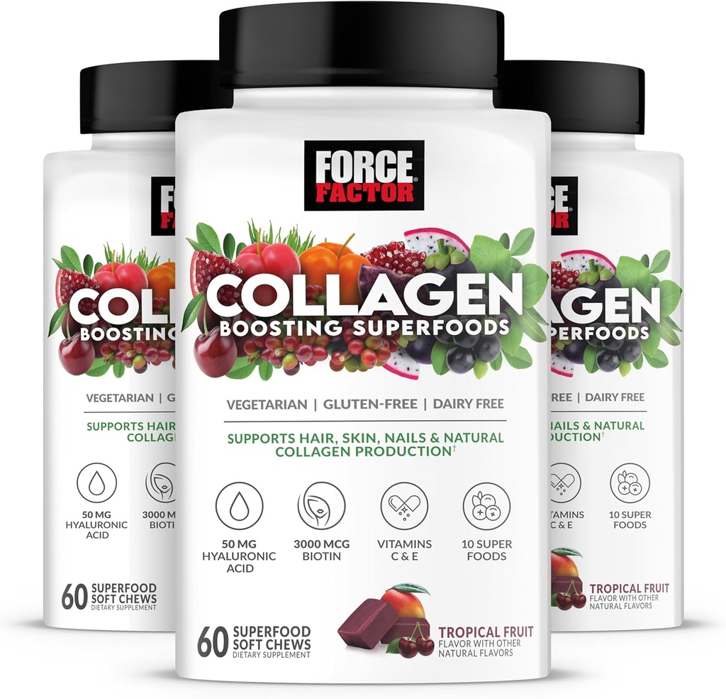 FORCE FACTOR Kolagen posílení Superfoods, Vegan Collagen Booster pro ženy, S Biotin, Hyaluronic Acid, a vitamín C, Pro vlasy, kůže, hřebíky, a společná podpora, Tropické ovoce, 180 měkkých žvýkaček, 3-Pack