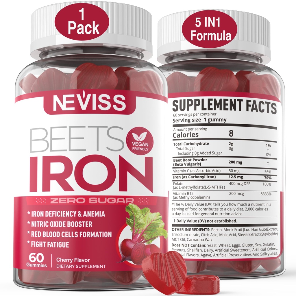 Řepné kořenové gumy se železem, Methyl B12, Folát, Vitamin C - Zvýšení oxidu dusnatého & Železné hladiny, Podpora energie, Boj Únava, Beetropot & Gentle Železný dodatek, Cukr zdarma, 60 Počítání