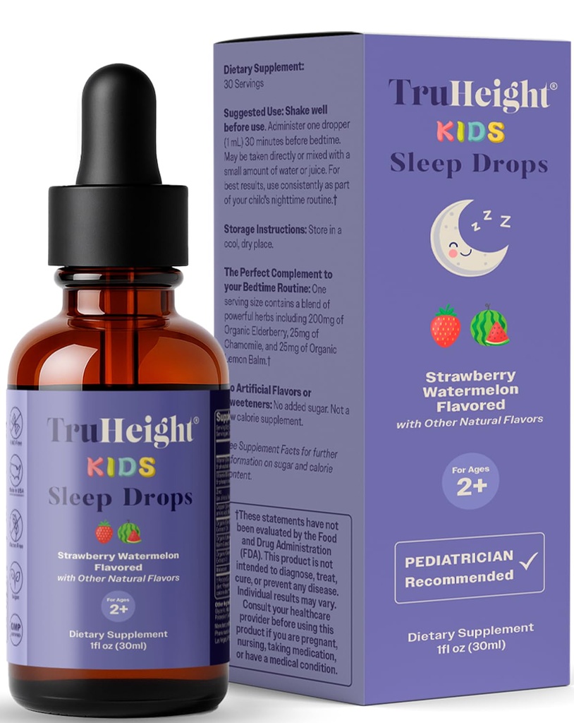 TruHeight Kids Sleep Tincture Ages 2 + (Vodní meloun Flavor) - Děti, Toddlers & Kids Natural Sleep Aid - Baby, Toddler, Child Melatonin 2 year Old + - Vitamin B6, Riboflavin, Zinek, Měď, Lemon Ball